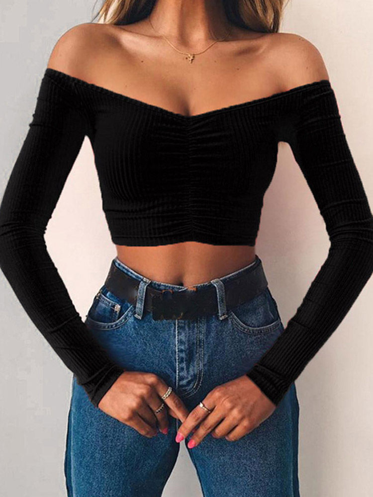Miniatura: Women T-shirts sexy and club fashion female T-shirt long sleeve off shoulder sol