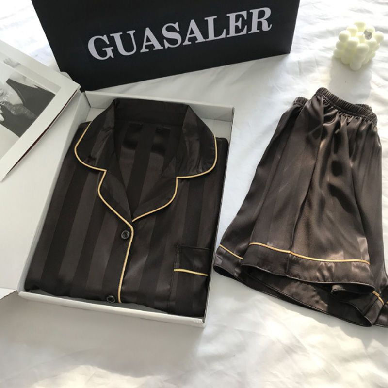 Miniatura: 2Pcs/set Ice Silk Women's Pajamas Short Sleeve Short Pants Simulation Silk Home 