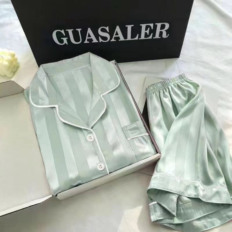 Miniatura: 2Pcs/set Ice Silk Women's Pajamas Short Sleeve Short Pants Simulation Silk Home 