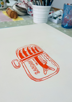 Sardines art on a larger canvas in orange