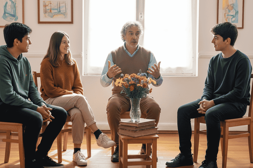 Tutor del Colegio Waldorf de Ñuñoa dialogando con un grupo de estudiantes de enseñanza media en un ambiente cálido y participativo.