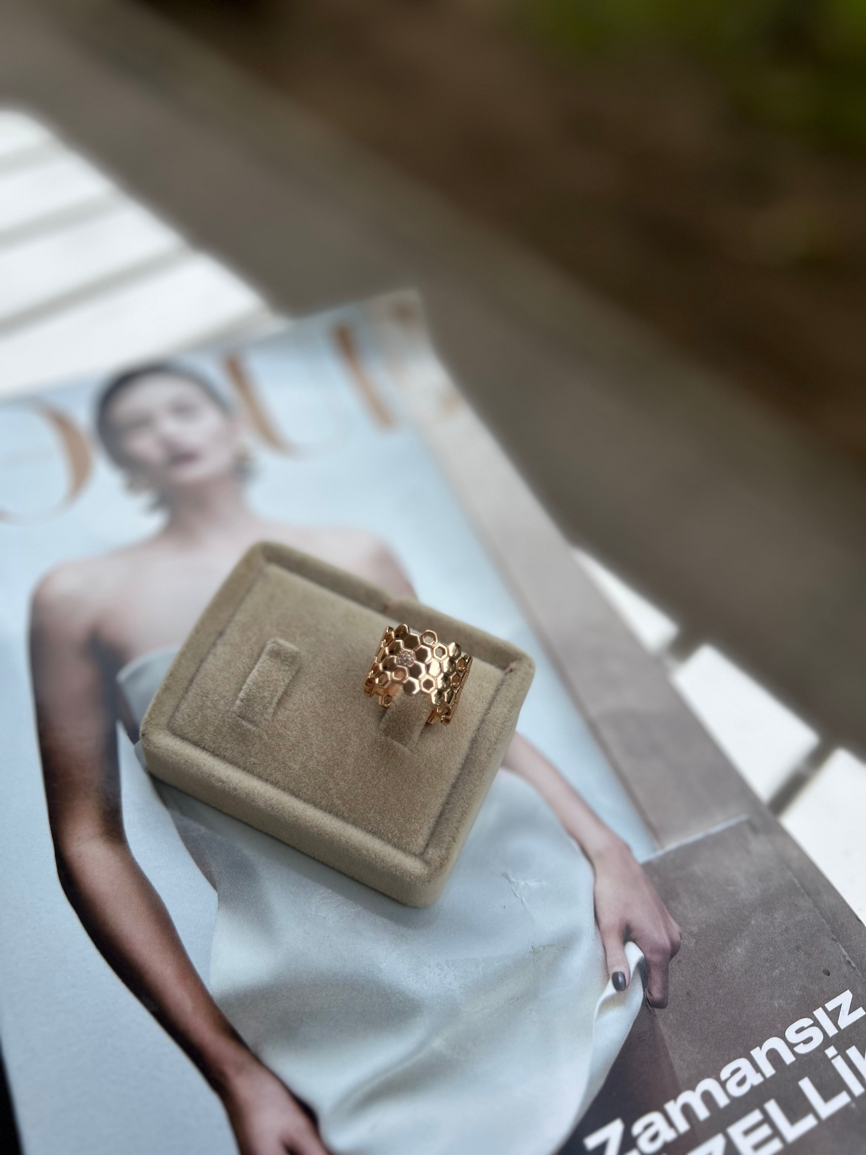 Çelik Rose Gold Petek Model Ayarlanabilir Yüzük