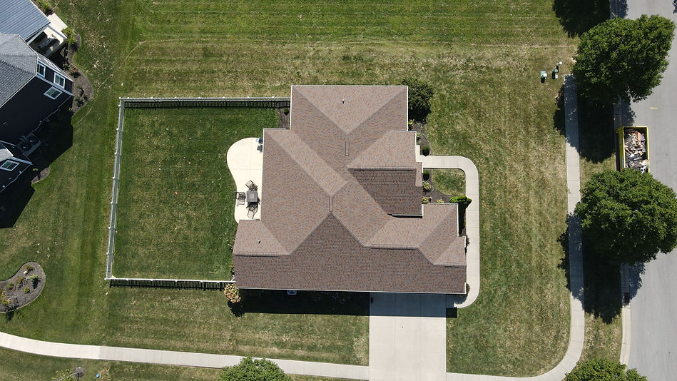 Aerial view of completed residential roofing project in Holmes County Ohio