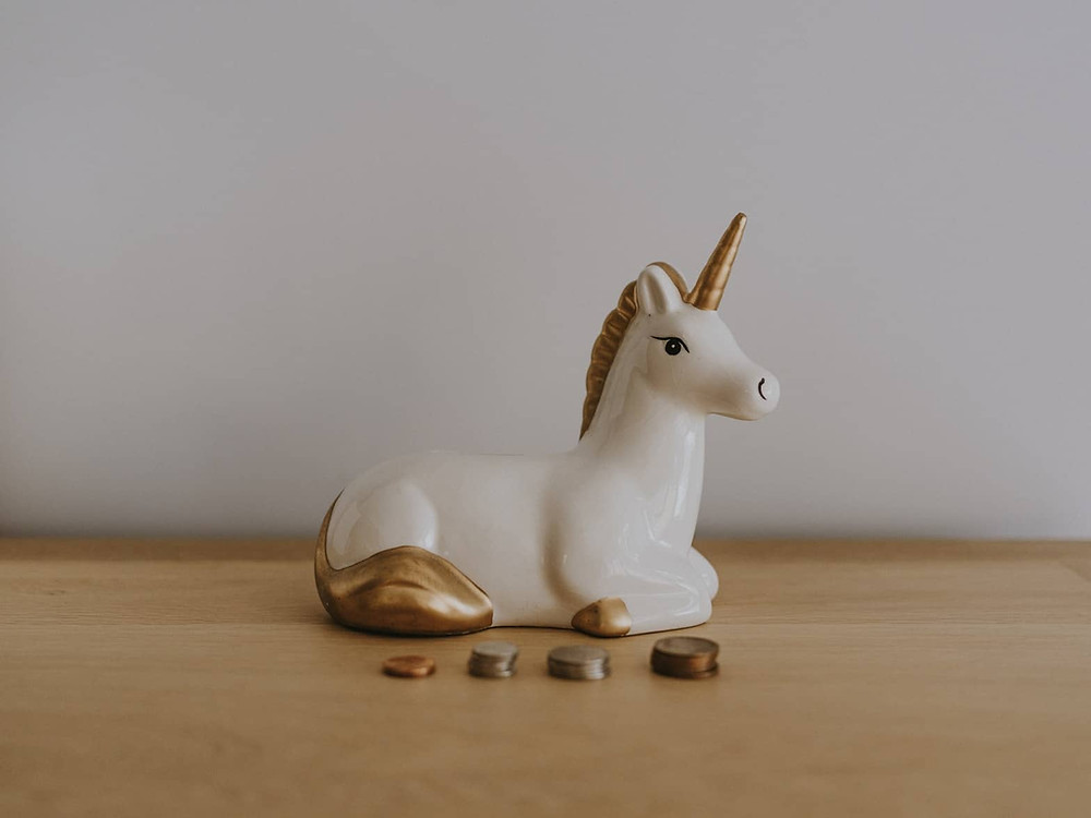 Unicorn "Piggy Bank" with Coins in front of it