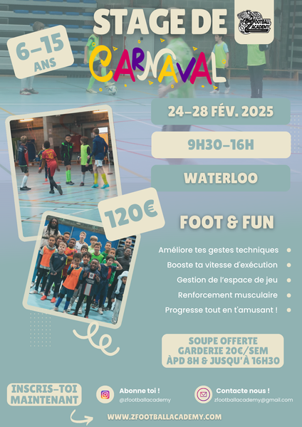 Offrez à votre enfant une semaine de football intense et fun pendant les vacances de Carnaval !

📅 Du 24 au 28 février 2025
📍 Waterloo – 9h30 à 16h
👦👧 Pour les 6 à 15 ans

🔥 Un programme dynamique et motivant :
✅ Techniques individuelles & collectives
✅ Travail de vitesse et de coordination
✅ Renforcement musculaire
✅ Des défis et une ambiance festive ! 🎊

➕ Garderie dès 8h et jusqu’à 16h30 (+20€/semaine)
🥣 Soupe offerte chaque jour !

⚡ Places limitées, inscrivez-vous vite ! ⚡