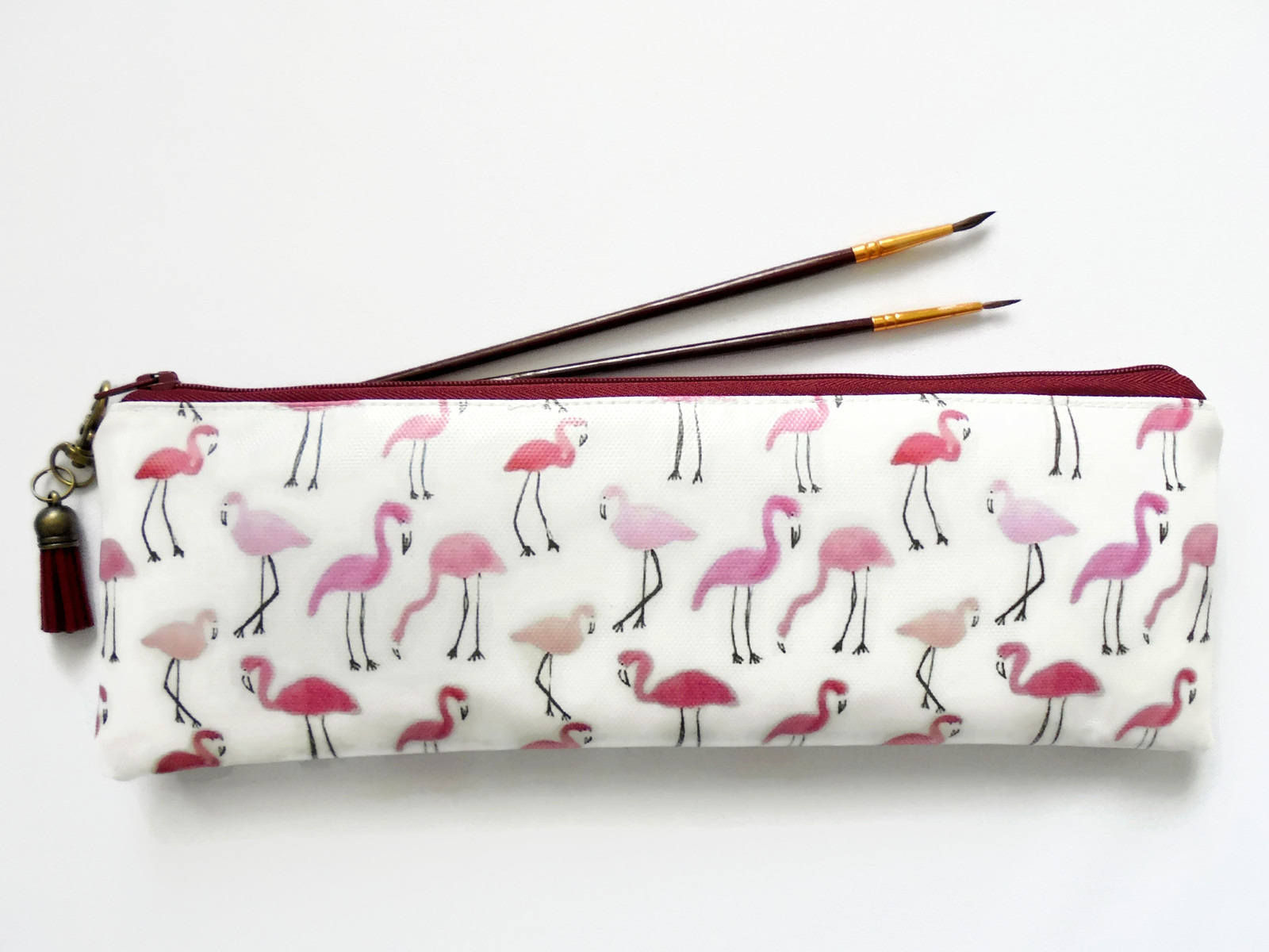 Flamingo print, birds, pink, brush bag, crochet storage, pen pouch, pencil bag,