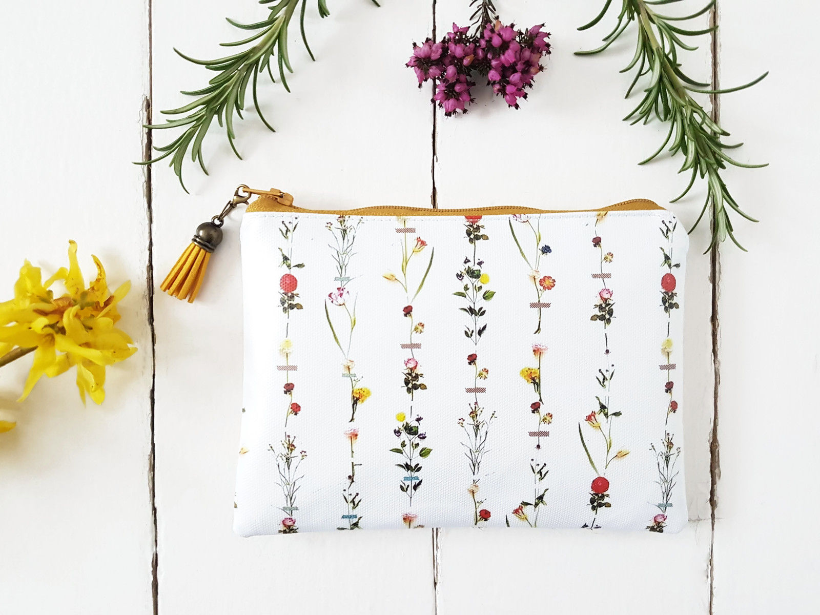 Botanical inspired print, flower stems, vegan leather, eco gift, zipper pouch.