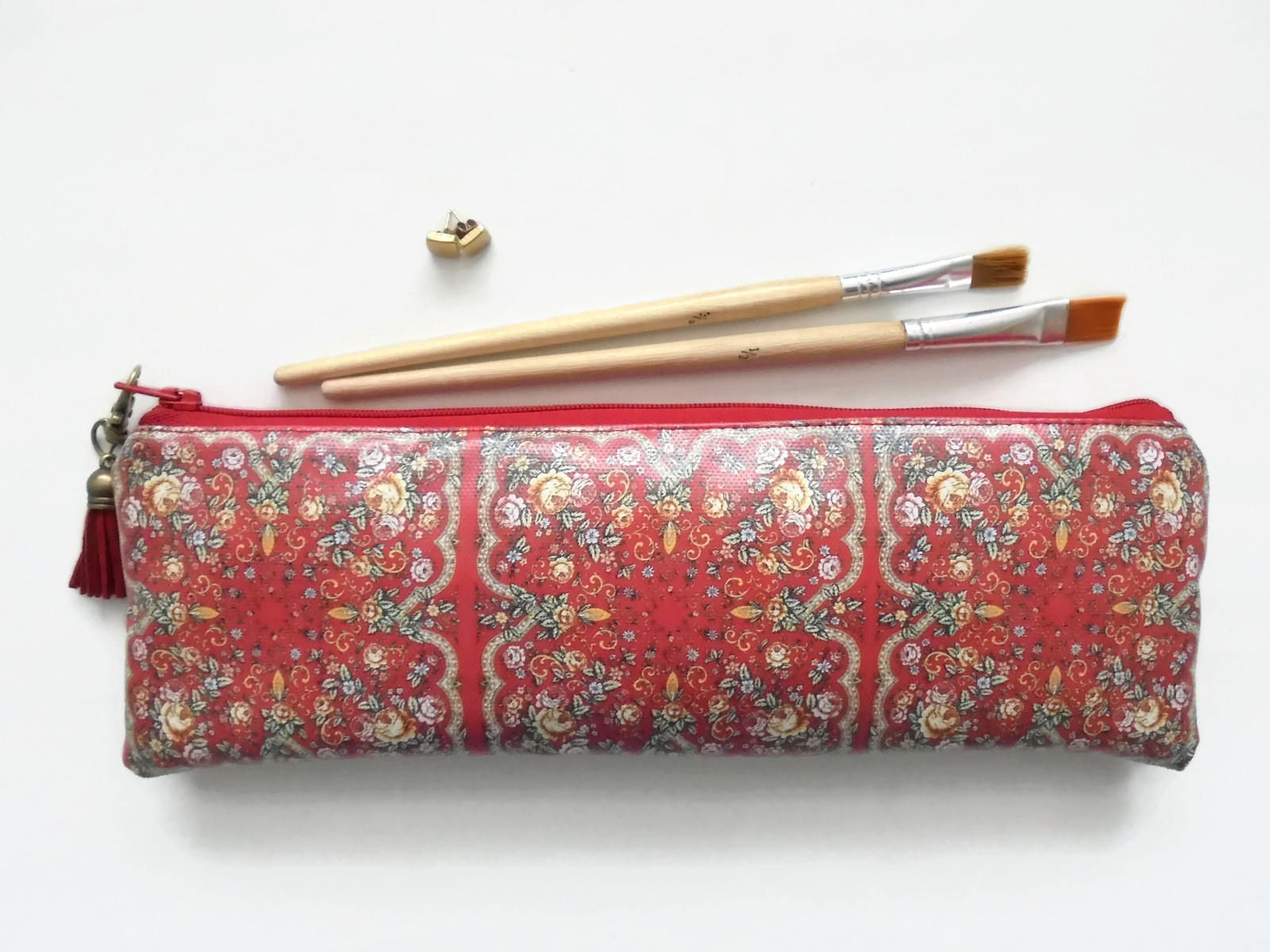 Russian scarf inspired print, vegan leather, brush bag, crochet storage, pen pou