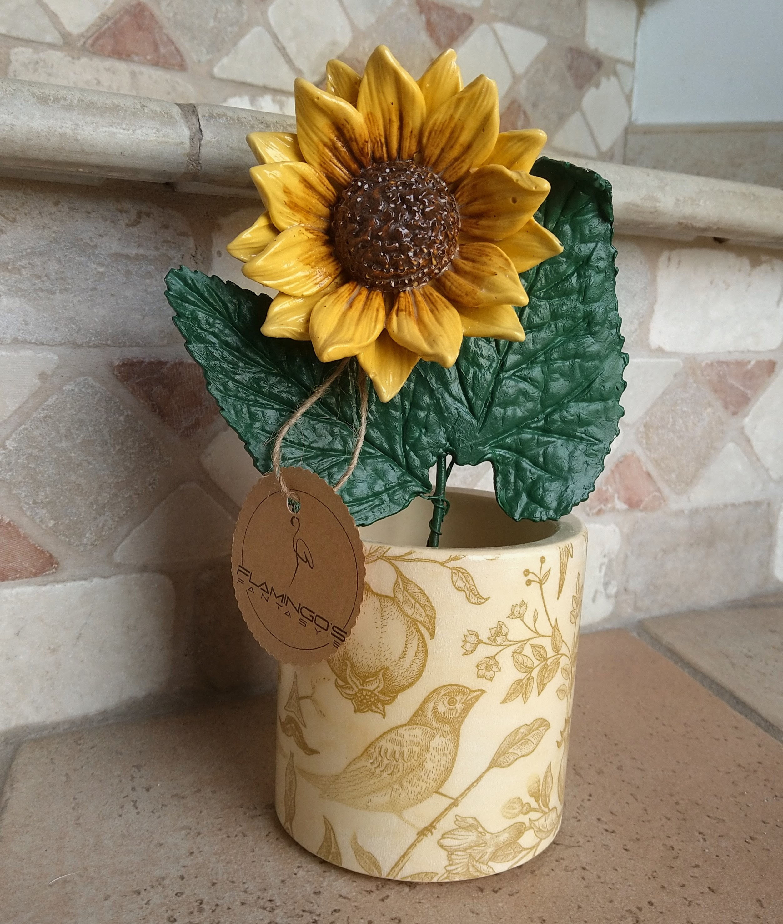 Zonnebloem groot in potje beige/vogeltjes