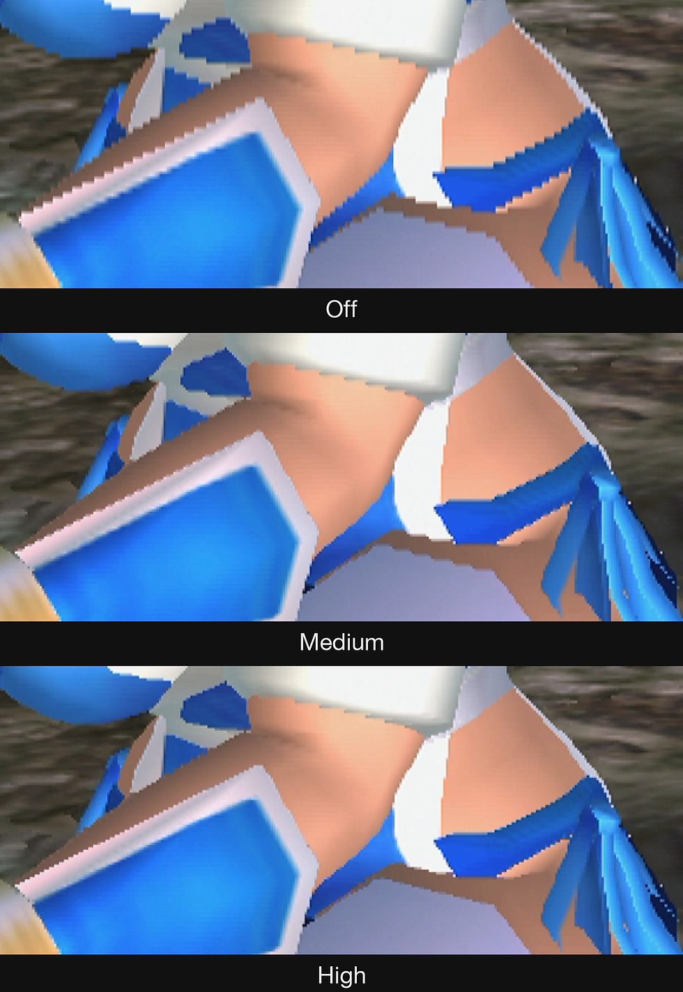 Close-up at 2x: the staircases along moving edges smooth out at Medium and High.