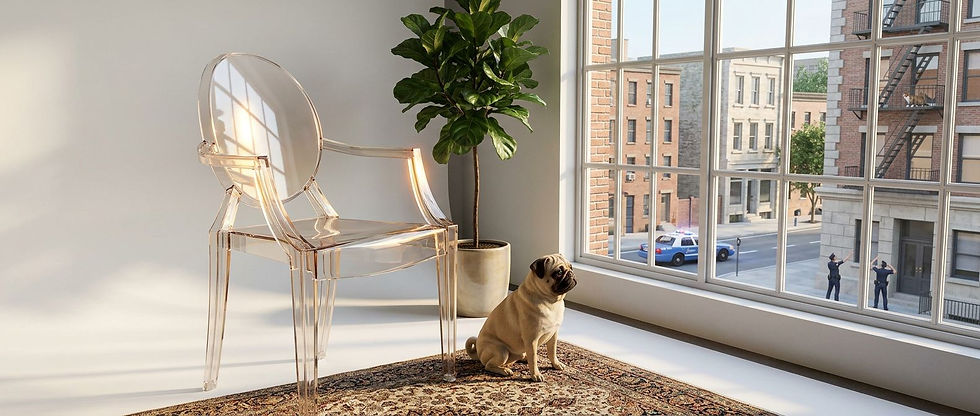 An elegant armchair with a signature oval backrest and curved armrests is positioned on