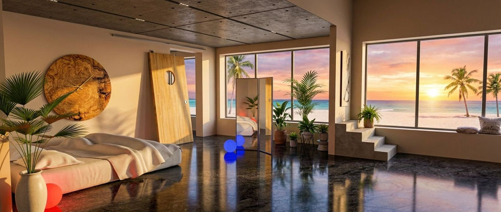 Chambre avec vue sur l'océan et éclairage d'ambiance au coucher du soleil.