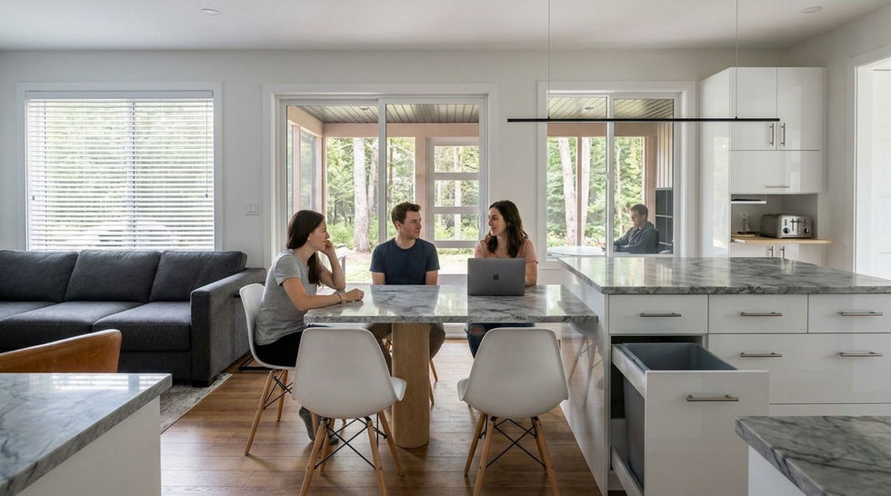 Un intérieur moderne et ouvert intègre un coin repas et un salon. La pièce maîtresse est une cuisine.
