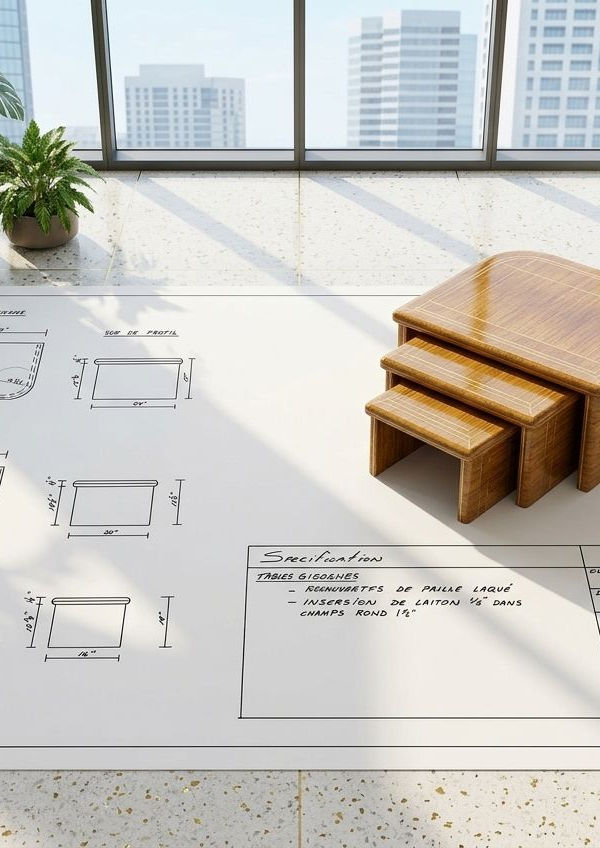 Modern office with architectural drawings and wooden furniture.