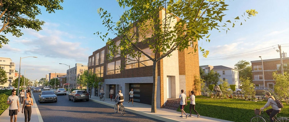 Immeuble moderne, quartier résidentiel avec piétons et cyclistes à proximité.
