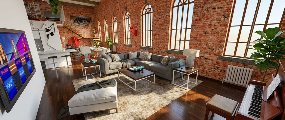 Un loft industriel spacieux se caractérise par de hauts plafonds et un vaste mur de briques rouges orné de hautes arches.