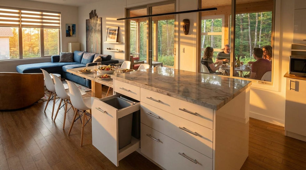 Un intérieur moderne comprend un îlot de cuisine faisant également office de table à manger, surmonté d'un plateau en marbre gris.