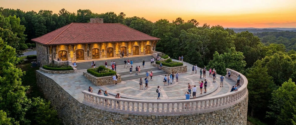 Des gens se promènent autour d'un bâtiment panoramique en hauteur. Mont Royal