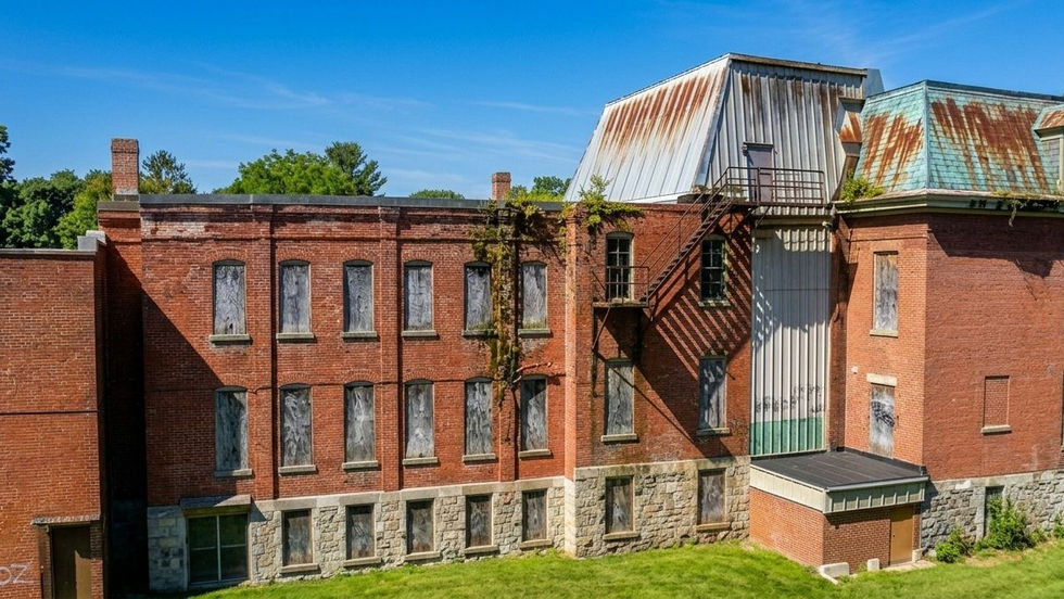 Old brick building with overgrown vegetation.