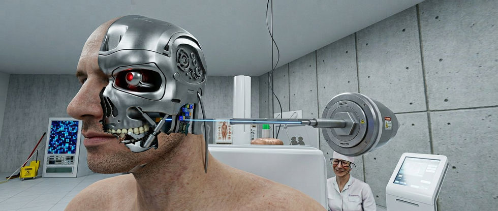 Une tête humaine est représentée subissant une transformation mécanique, la moitié du visage révélant un mécanisme.