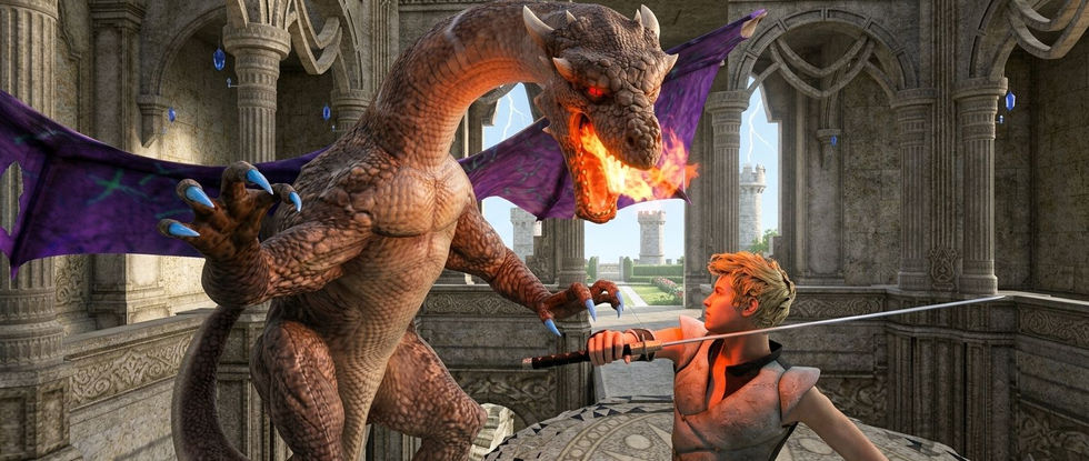 A massive dragon with textured brown scales and large purple wings confronts a young warrior in a gr