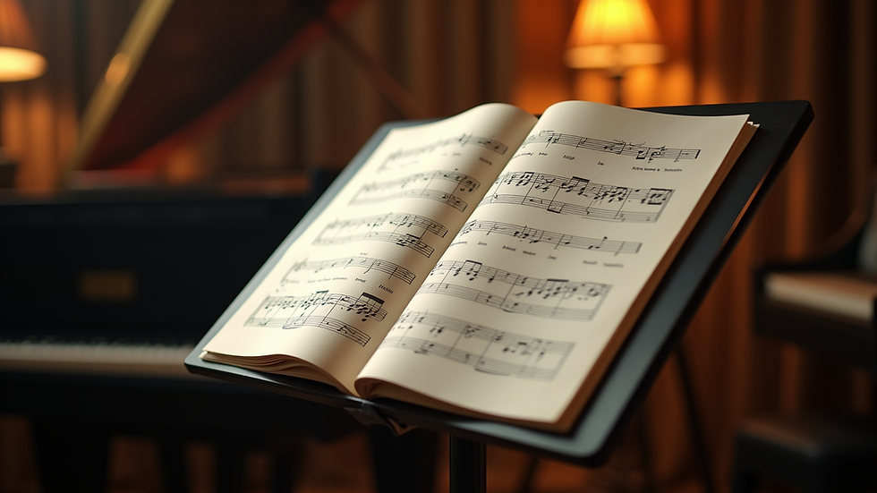 Close-up view of a sheet music on a stand in a music studio
