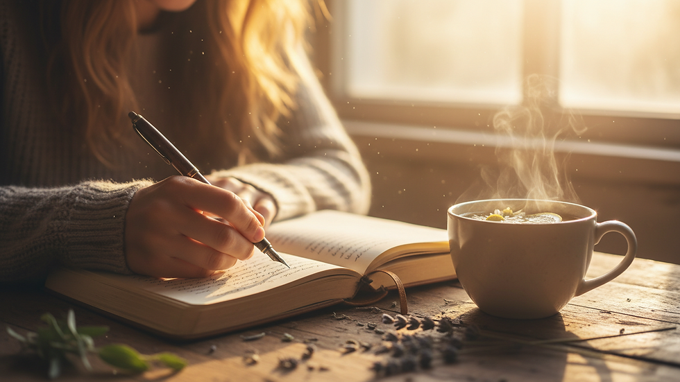 Close-up view of a person writing in a journal with a cup of herbal tea nearby