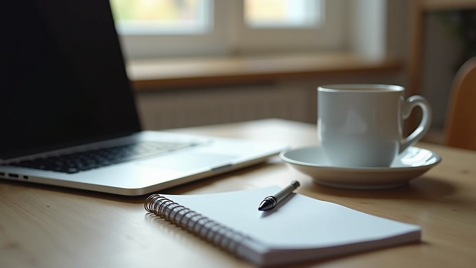 Eye-level view of a laptop with a notepad and a cup of coffee
