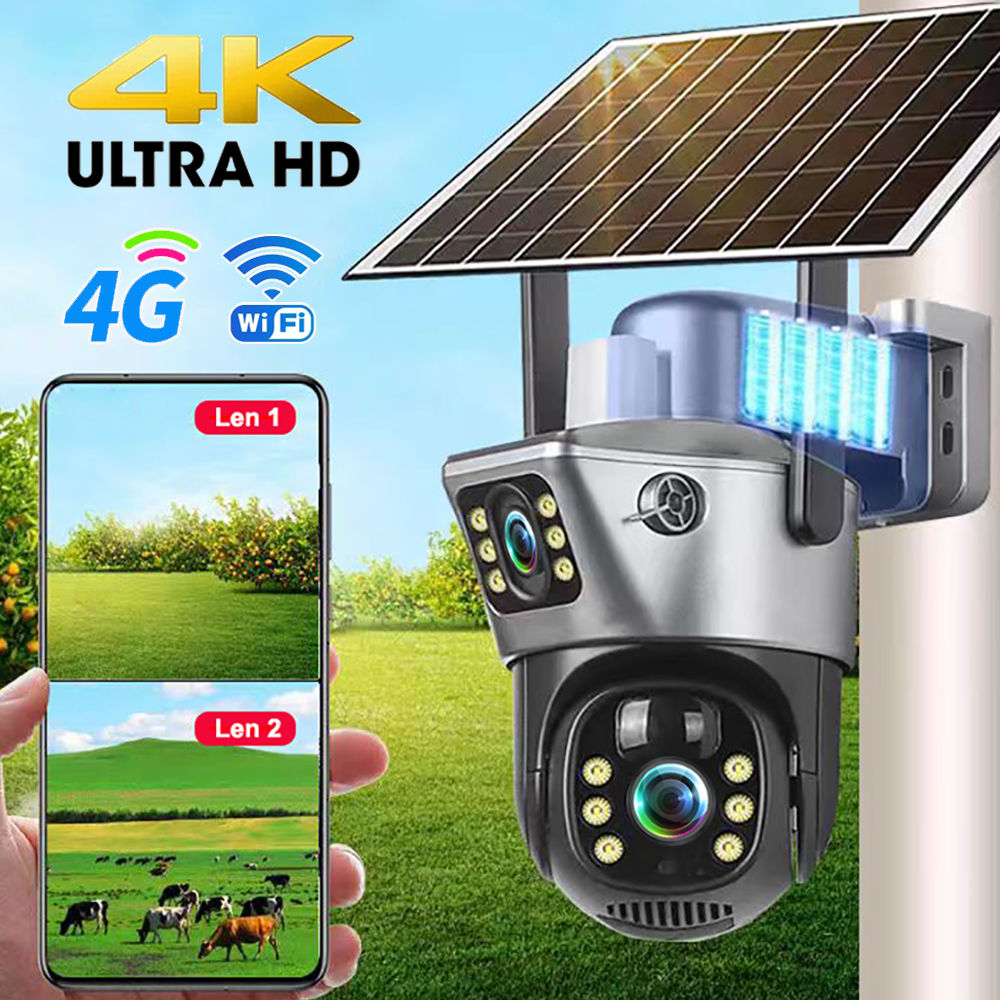 4G / WiFi Solar Camera Dual Lenses Outdoor 8MP 4K Low Power Battery IP Camera PI