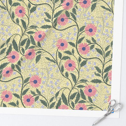 Fabric in Trailing Daisies 24" - Coral Pink + Periwinkle Blue + Sage Green on Yellow