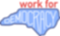 Blue outline of North Carolina with the words "Work for" above and the word "Democracy" inside the outline
