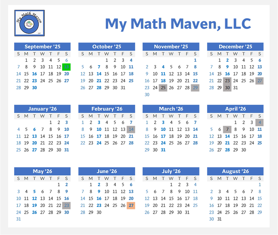 The My Math Maven, LLC 2025-2026 School Year Calendar