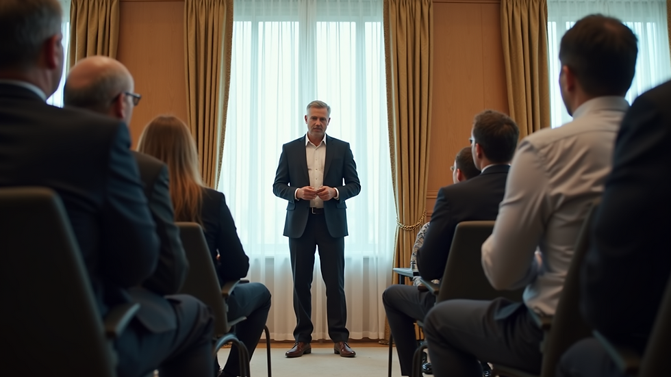 Eye-level view of a conference room with a leader addressing a small group