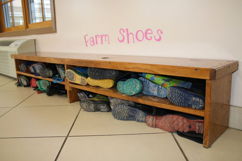 A special shelf for shoes that are only worn at the farm, keep classrooms free of mud and dirt.