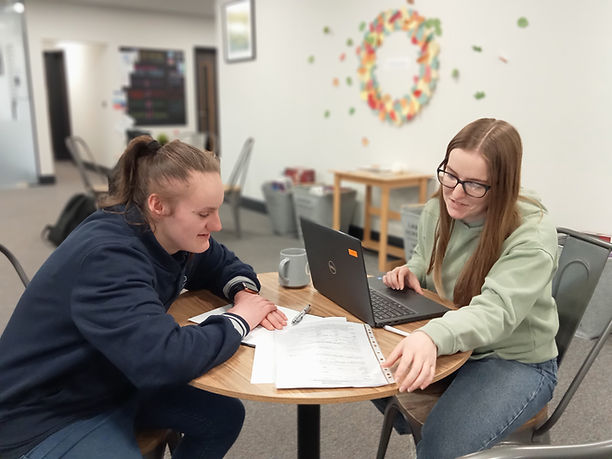Wellbeing practitioner and young person working together on computer and paperwork