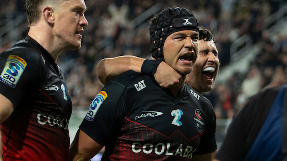 David Havili celebrates scoring in the Crusaders win over the Chiefs PHOTO: JOSEPH JOHNSON/LINTOTT PHOTOGRAPHY