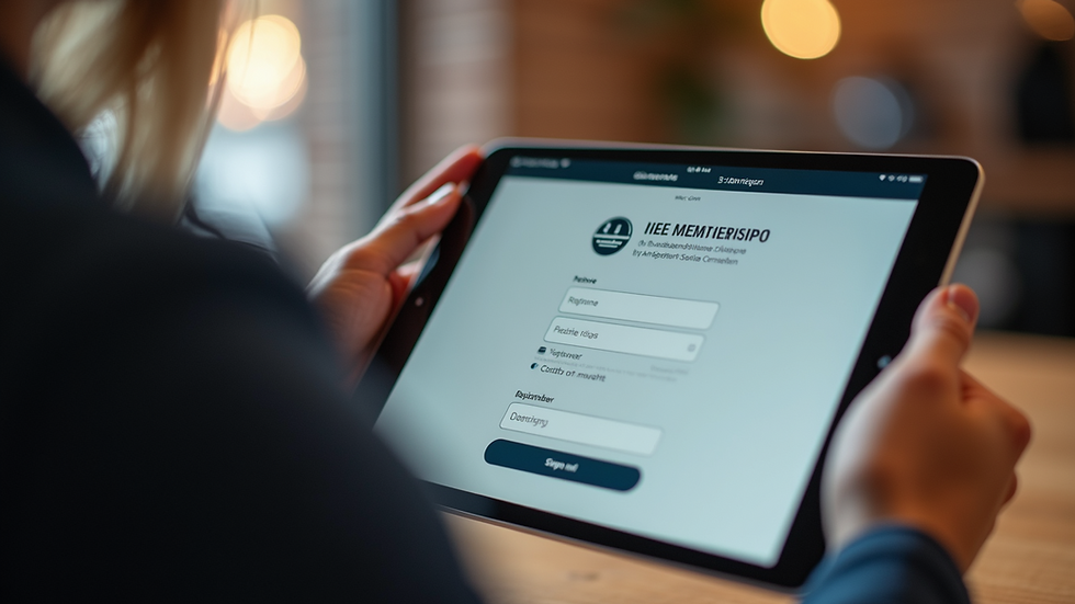 Close-up view of a tablet displaying membership event registration screen