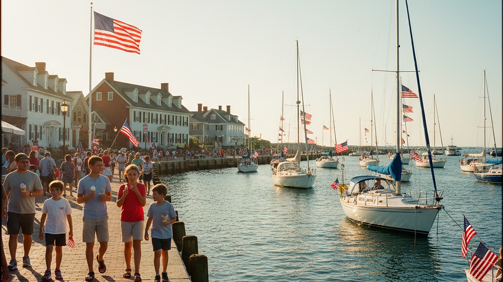 Newport Rhode Island harbor on the Fourth of July with sailboats decorated with American flags and families along the waterfront