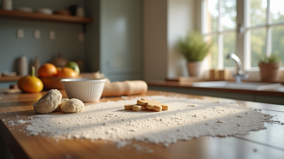 Eye-level view of a kitchen table with baking ingredients and cookie cutters