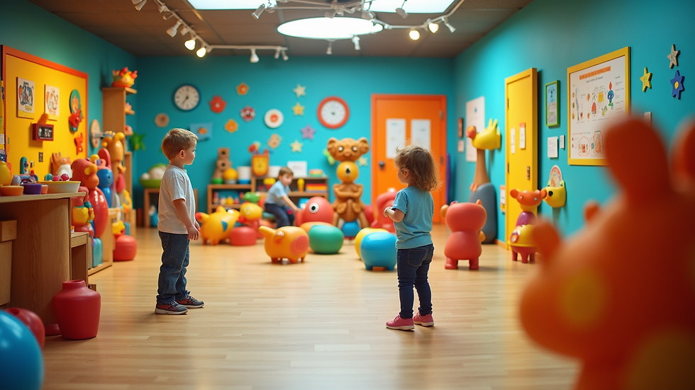 Wide angle view of a colorful children’s museum exhibit