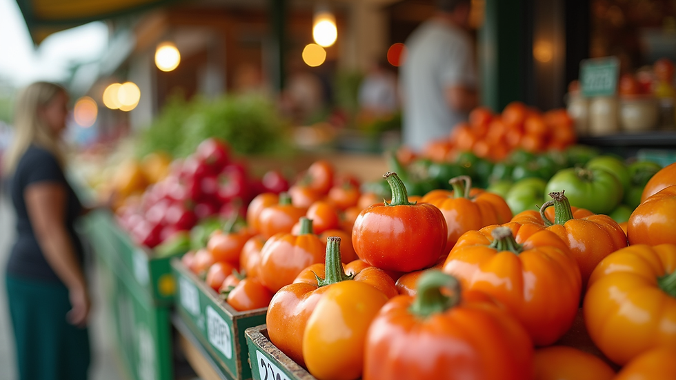 Eye-level view of a colorful farmers market stall with fresh fruits and vegetables