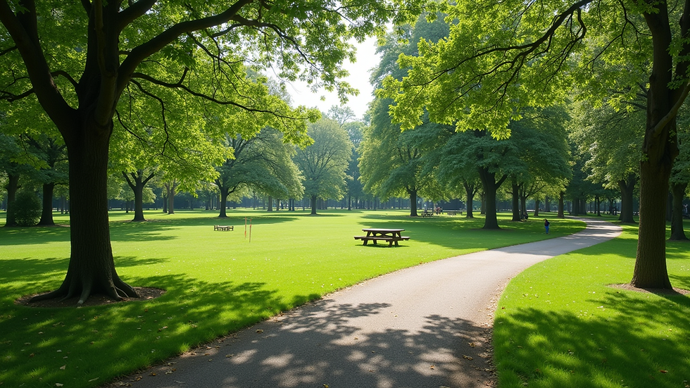 Wide angle view of a green park with walking trails and picnic areas