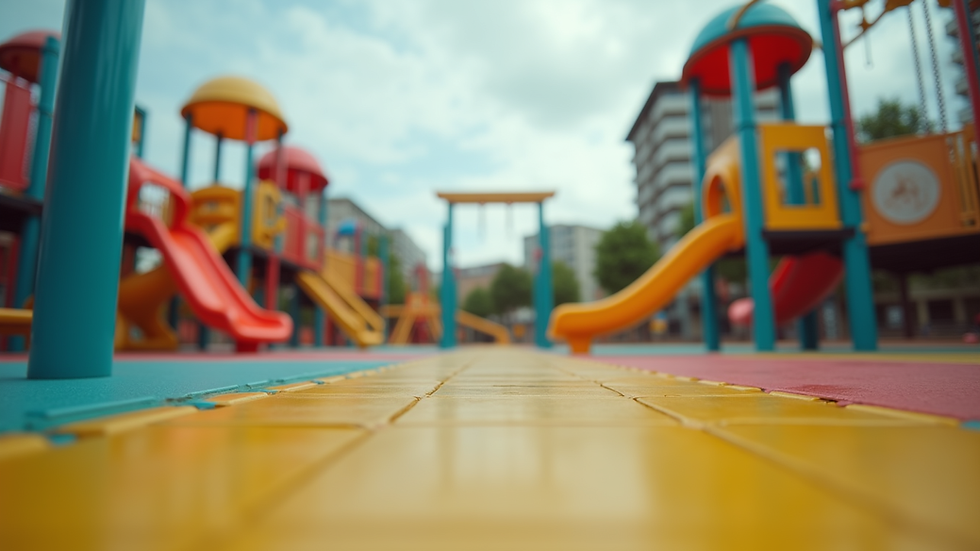 Eye-level view of a playground with colorful slides and swings