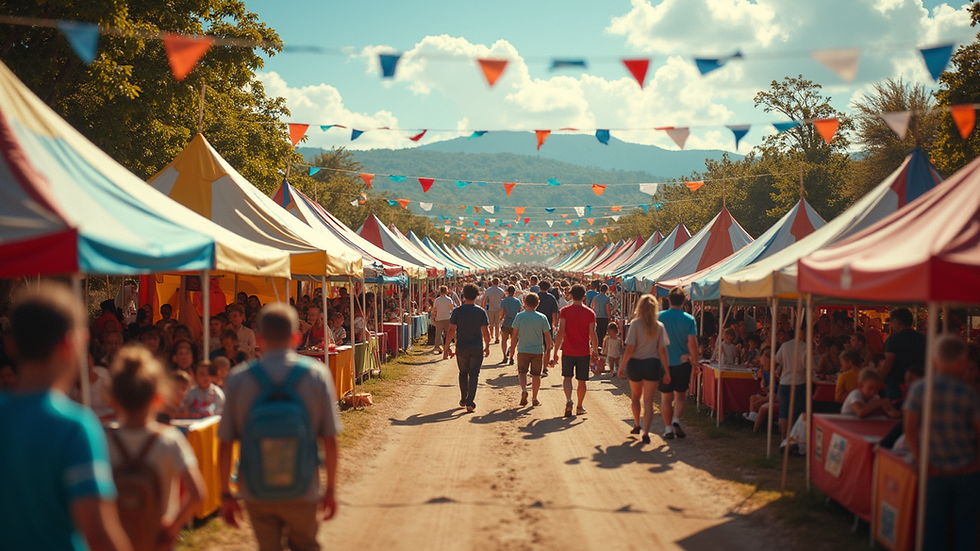 High angle view of a colorful festival with tents and families walking