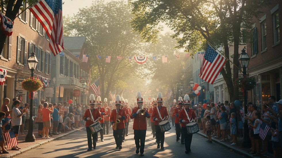 Colorful Fourth of July parade down a New England town street with American flags and families cheering