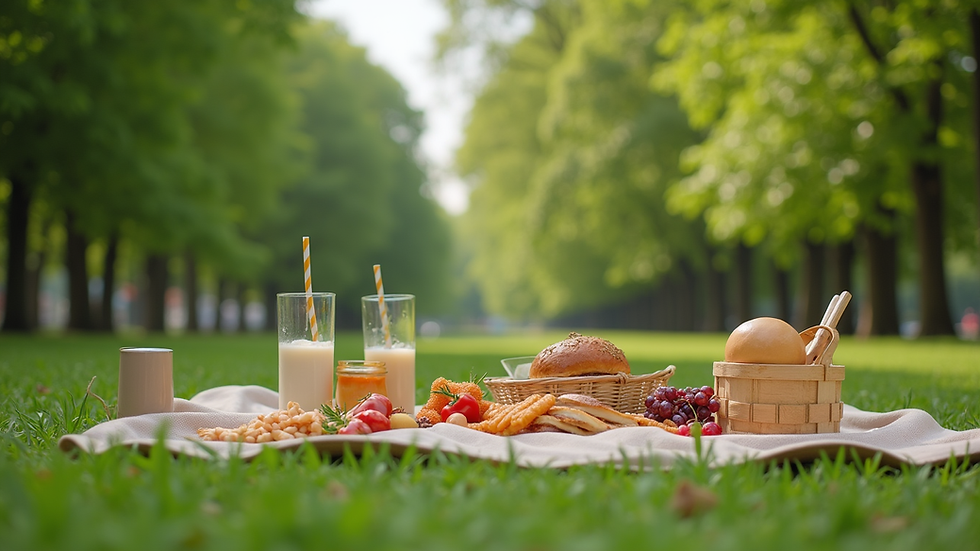 Eye-level view of a family picnic setup in a green park