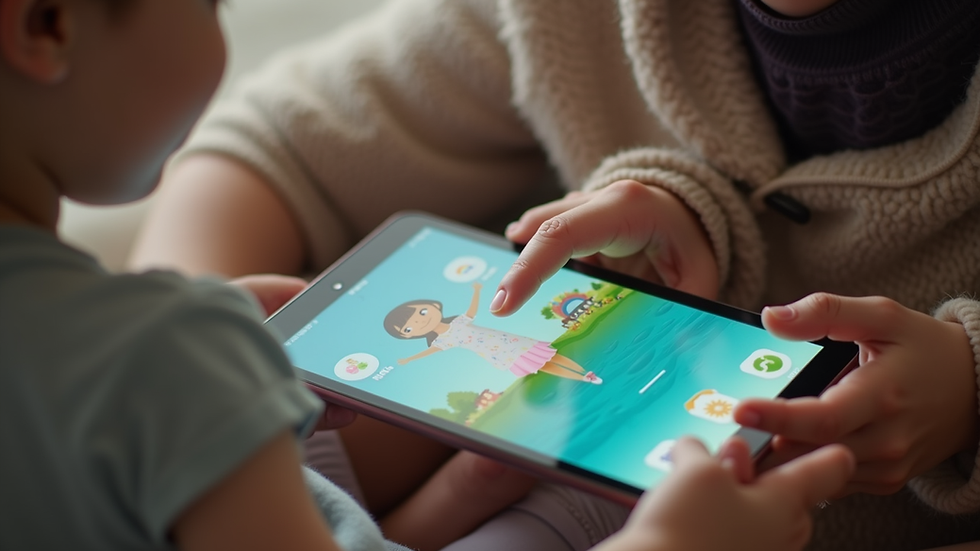 Eye-level view of a parent using a tablet with a child’s app open
