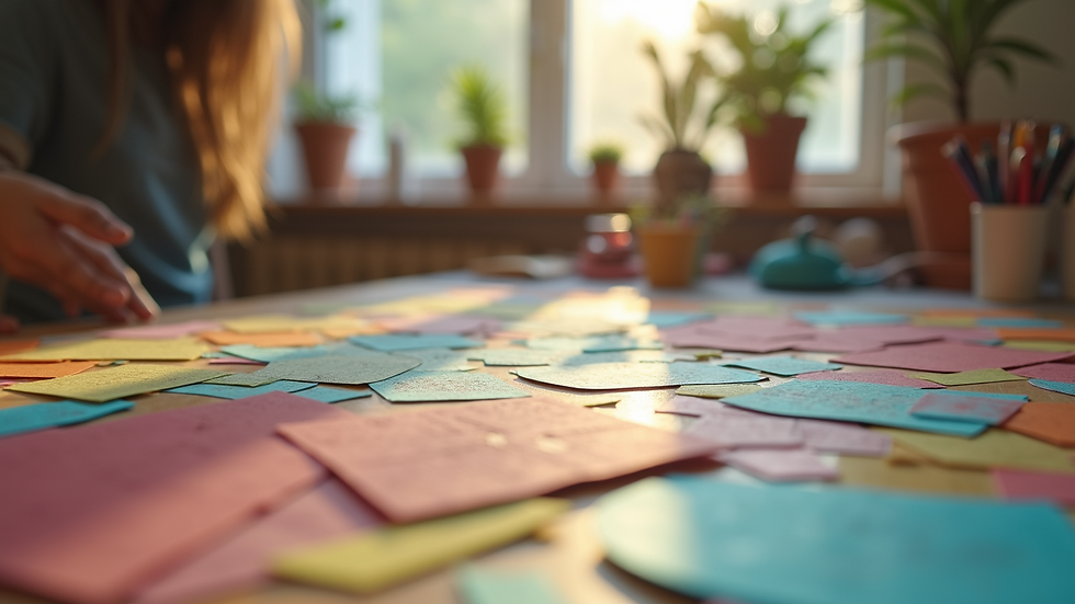 Close-up view of a colorful indoor craft project on a table