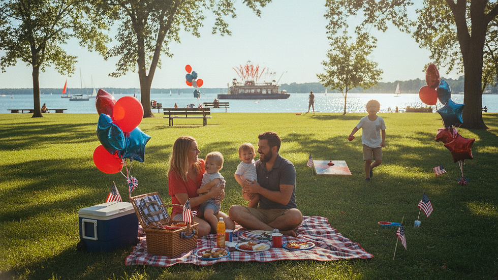 Family enjoying a Fourth of July picnic at a waterfront park with red white and blue decorations