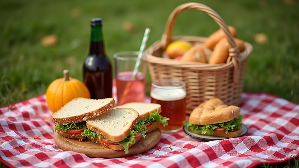 High angle view of a picnic setup with sandwiches and drinks on a checkered blanket